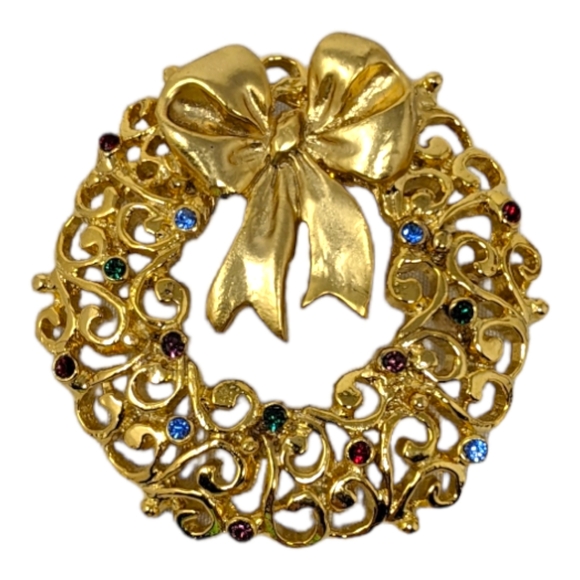 Christmas Wreath Brooch Pin Gold Toned Rhinestones Holiday - Picture 1 of 7